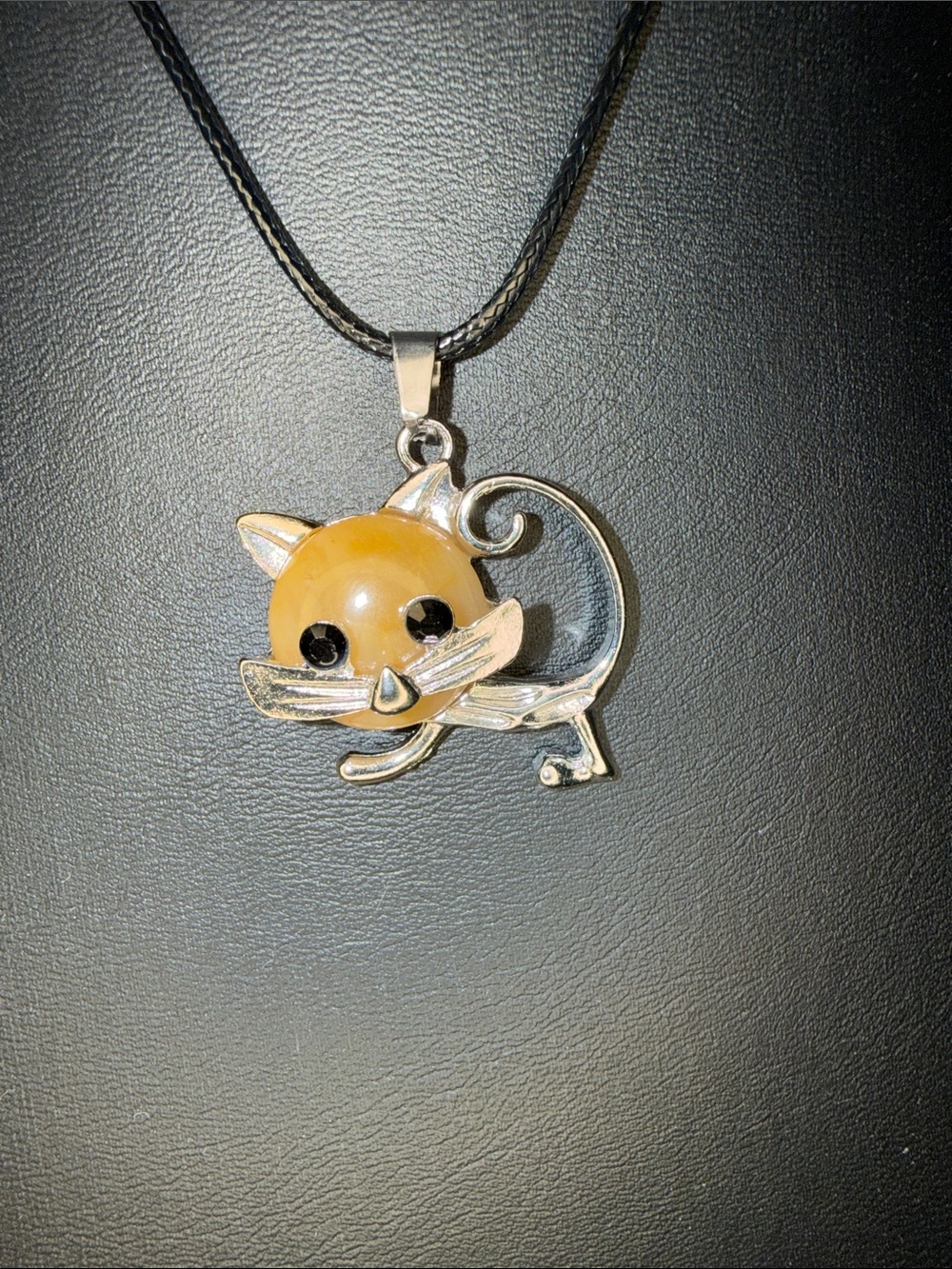 Silver Tone Cat Pendent W/ Baltic Amber Stone w/ black necklace & extension NEW